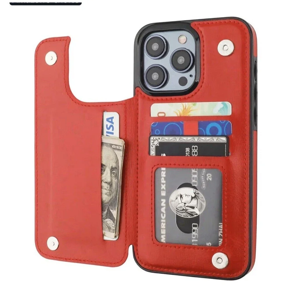 iPhone 15 Pro Max Leather Wallet Phone Case-Red-ONETOP-shockproof-Clasp-New